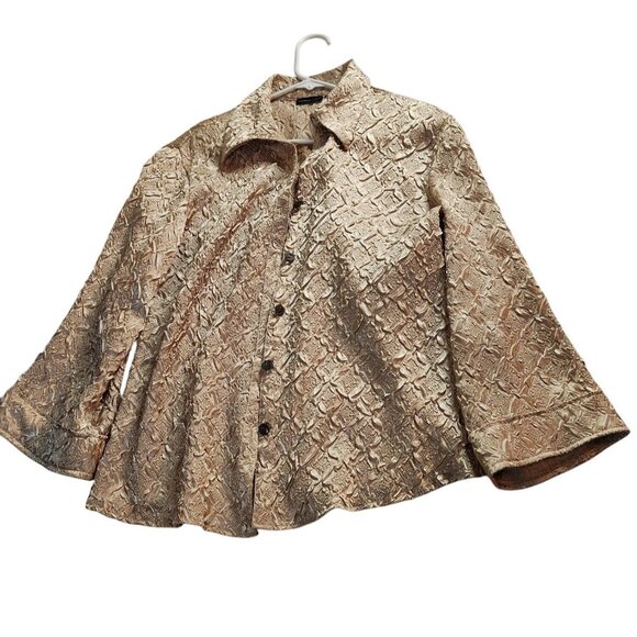 Metallic Textured Gold Blouse By Jennifer Lloyd XL Long Sleeve Button-Up - Picture 1 of 7